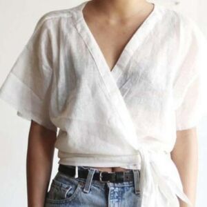 Rue Stiic Robbie Tie Front Top White Linen Size M